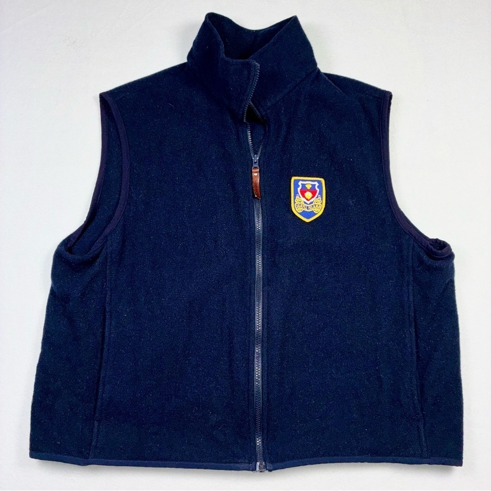 Woolrich 100% Wool Vest Mens XL Full Zip Pockets Jekyll Island Crest Patch Blue